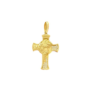 18K Gold Small CZ Jesus Face Cross Pendant