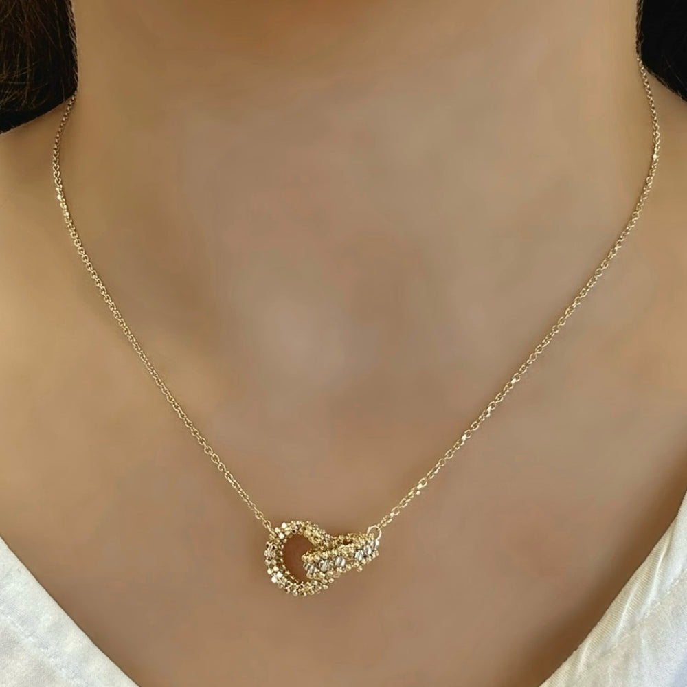 18K Gold Two Tone Double Ring Charm Chain Necklace