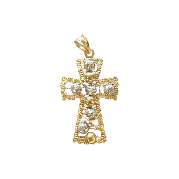 18K Gold Medium Two Tone Wire Bead Cross Pendant