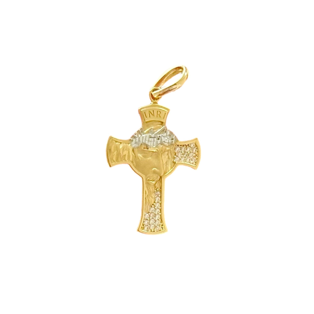18K Gold Small CZ Two Tone Jesus Face Cross Pendant