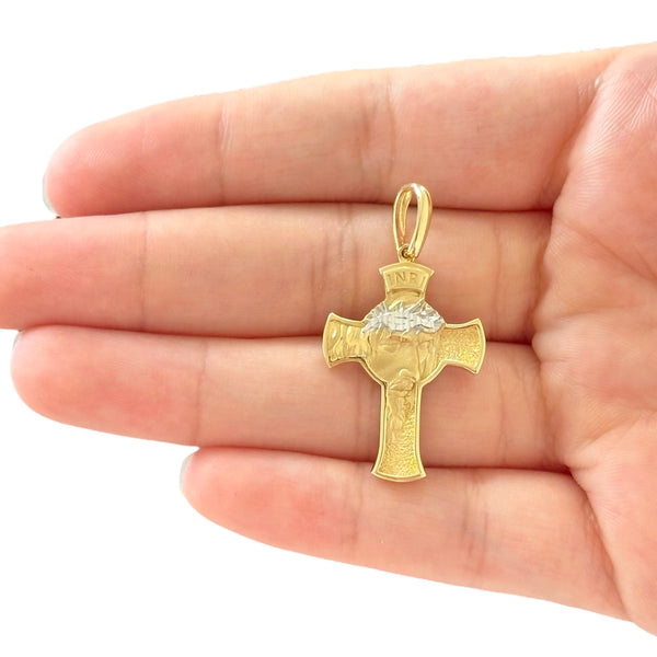 18K Gold Small Two Tone Jesus Face Cross Pendant