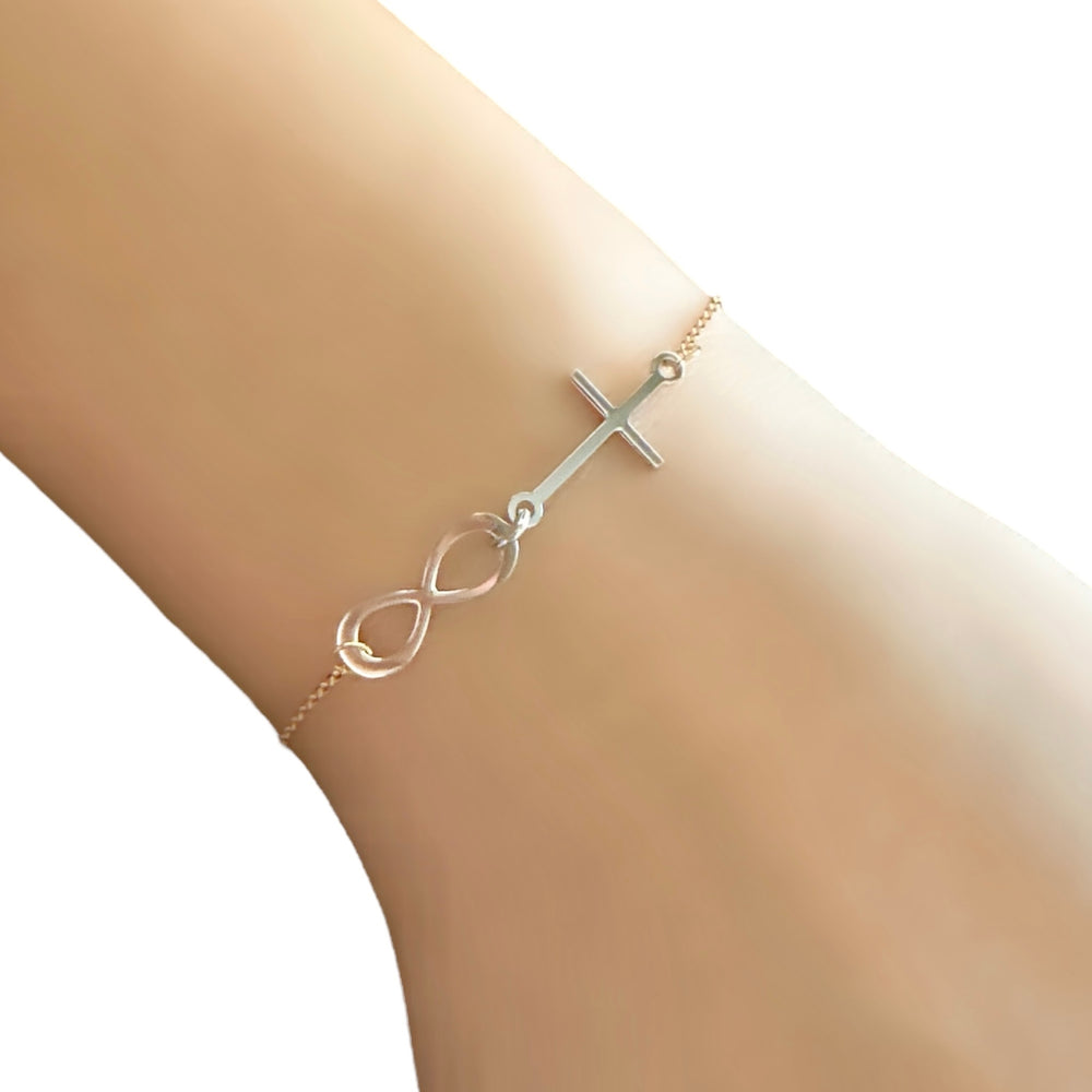 18K Gold Two Tone Infinity and Cross Bracelet
