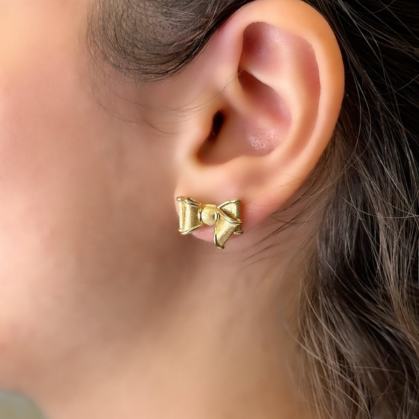 18k Gold Large Earrings Bow Stud Push Back Screw