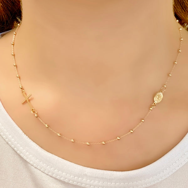 18K Gold Cross and St. Mary Necklace