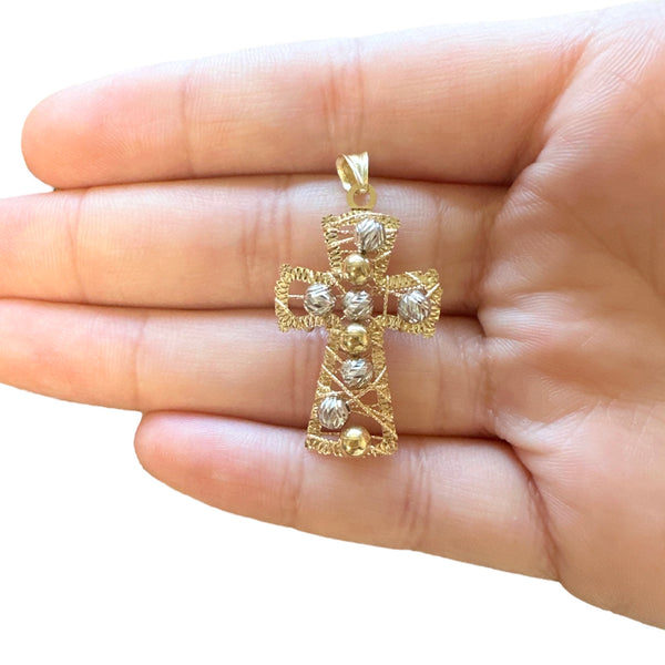 18K Gold Medium Two Tone Wire Bead Cross Pendant