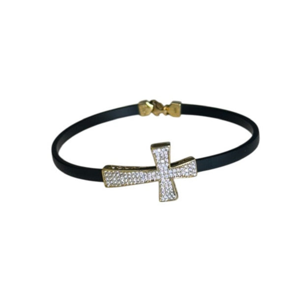18K Gold Black Rubber CZ Cross Bracelet