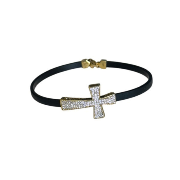 18K Gold Black Rubber CZ Cross Bracelet