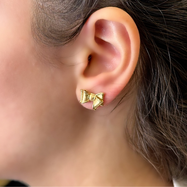 18k Gold Earrings Small Bow Stud Push Back Screw