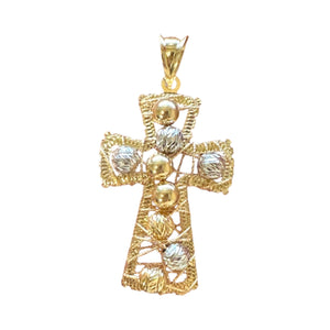 18K Gold Large Two Tone Wire Bead Cross Pendant