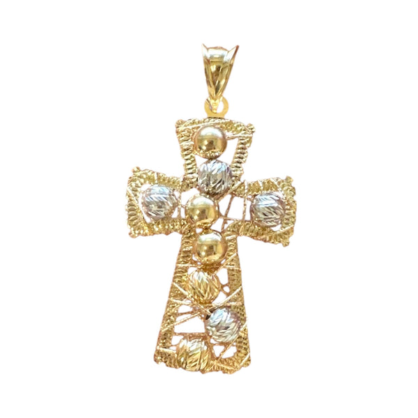 18K Gold Large Two Tone Wire Bead Cross Pendant