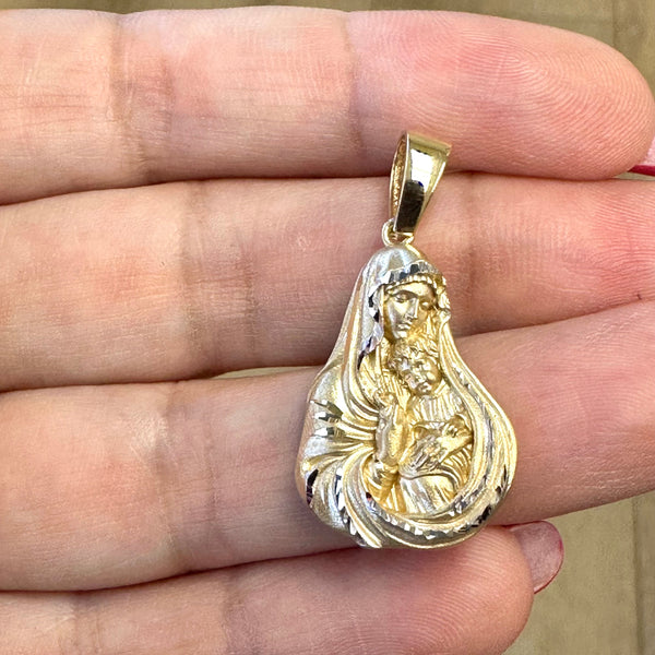 18K Gold Pendant  3D Two Tones Mary and Jesus