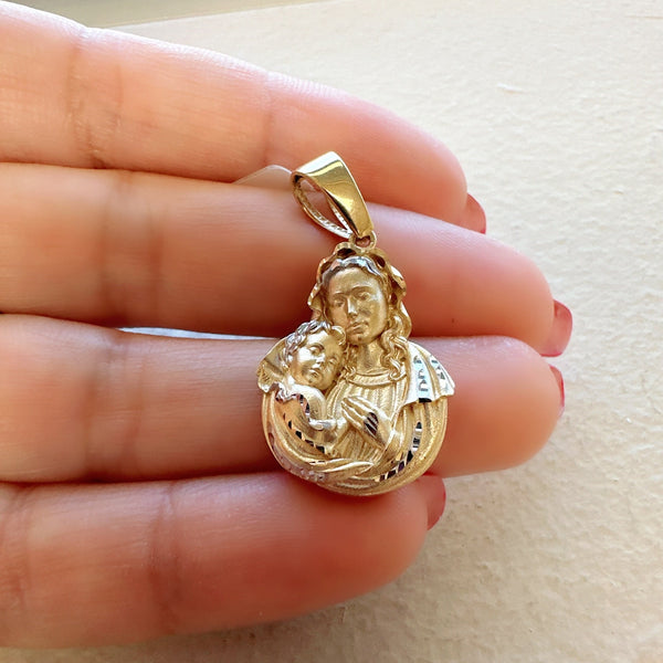 18K Gold Pendant 3D Two Tones Mary and Jesus
