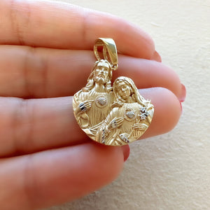 18K Gold Pendant  3D Two Tones Mary and Jesus