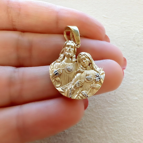 18K Gold Pendant  3D Two Tones Mary and Jesus