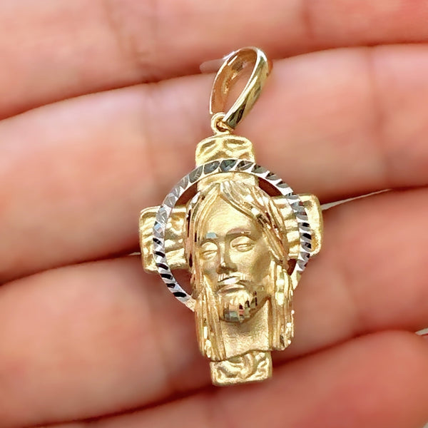 18K Gold Cross Pendant  3D Two Tones Jesus Face