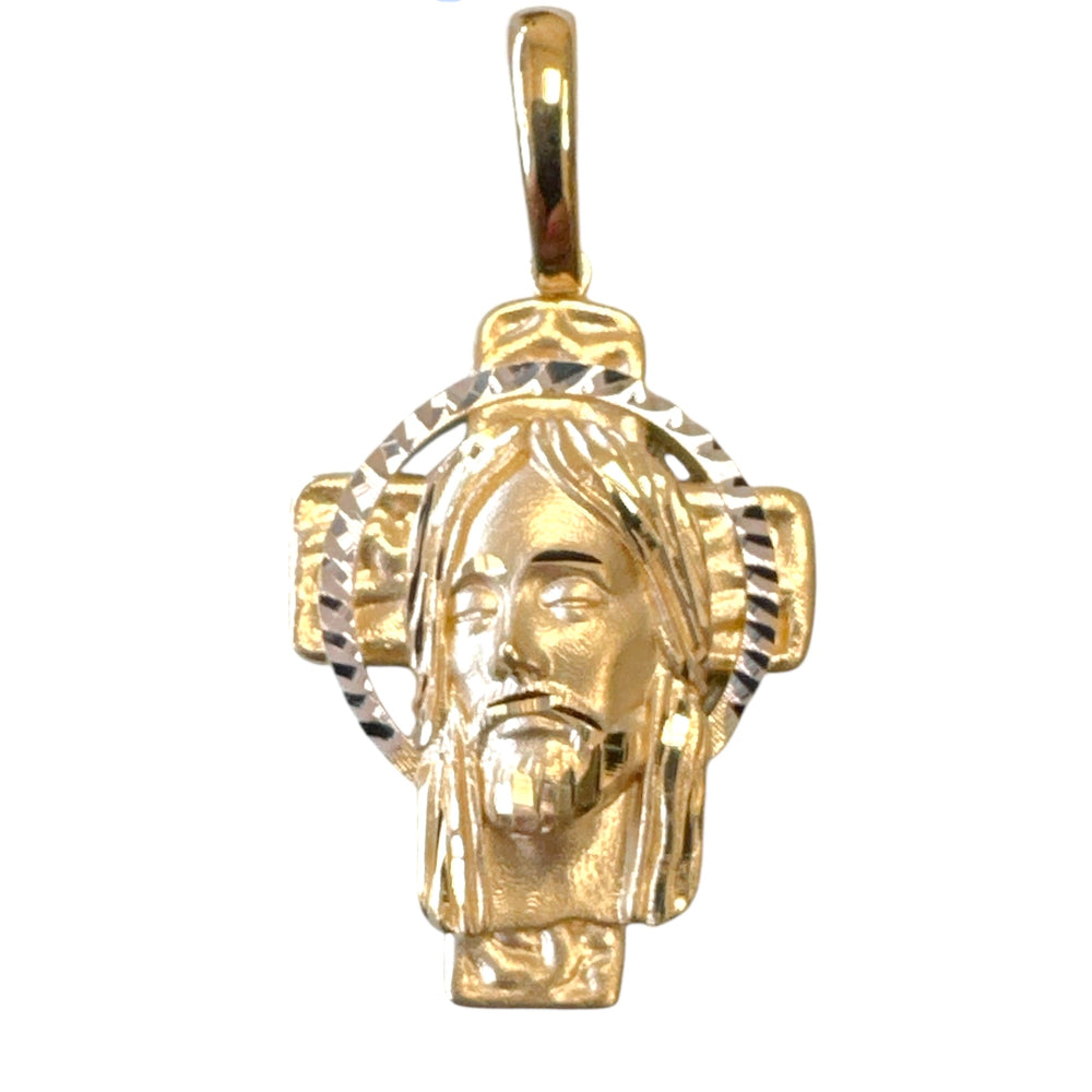 18K Gold Cross Pendant  3D Two Tones Jesus Face