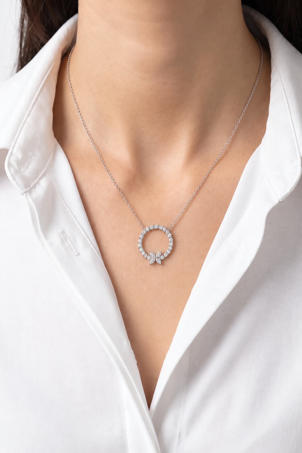 Lab Diamond White Gold Circle Butterfly Necklace