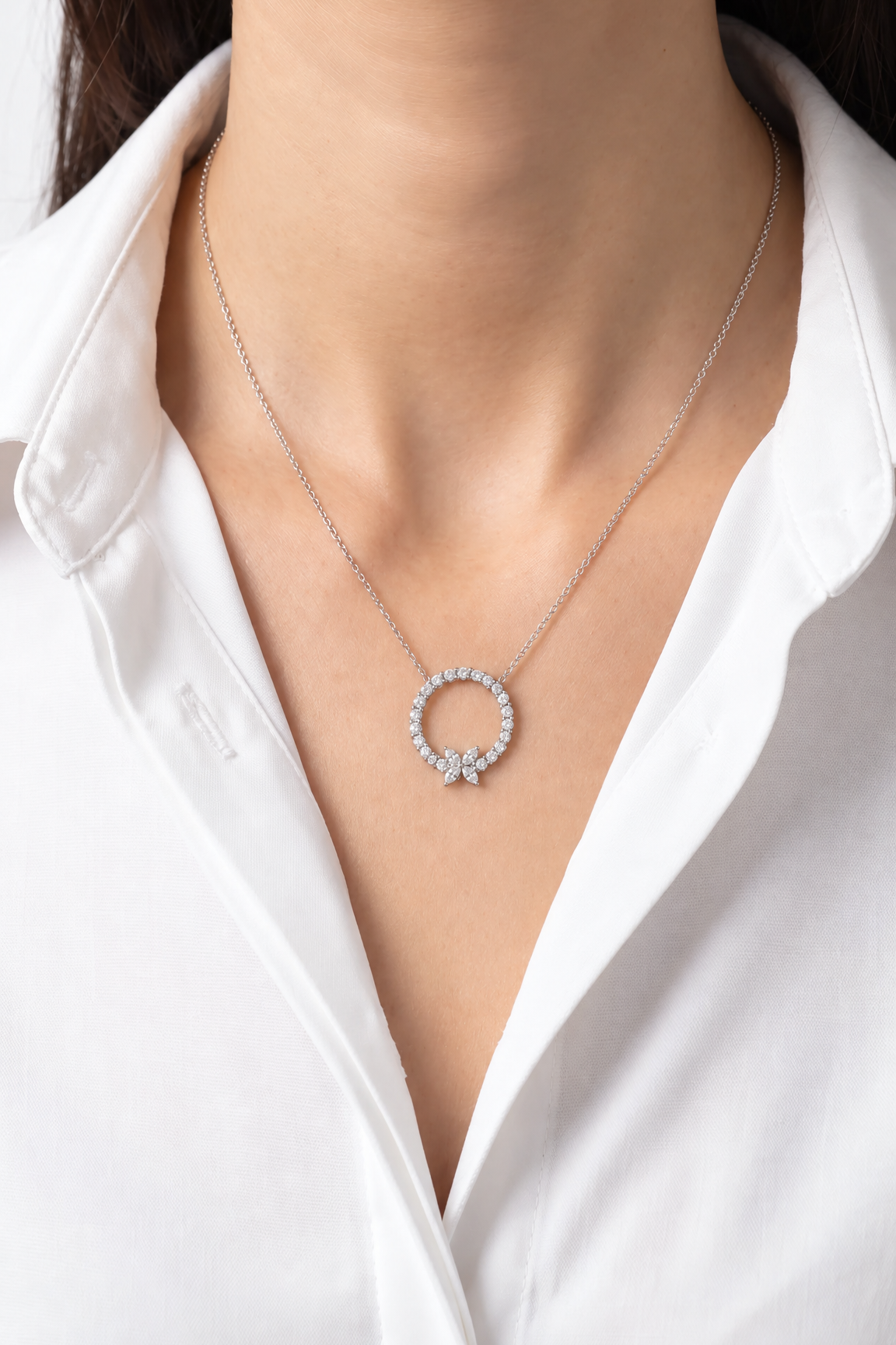 Lab Diamond White Gold Circle Butterfly Necklace