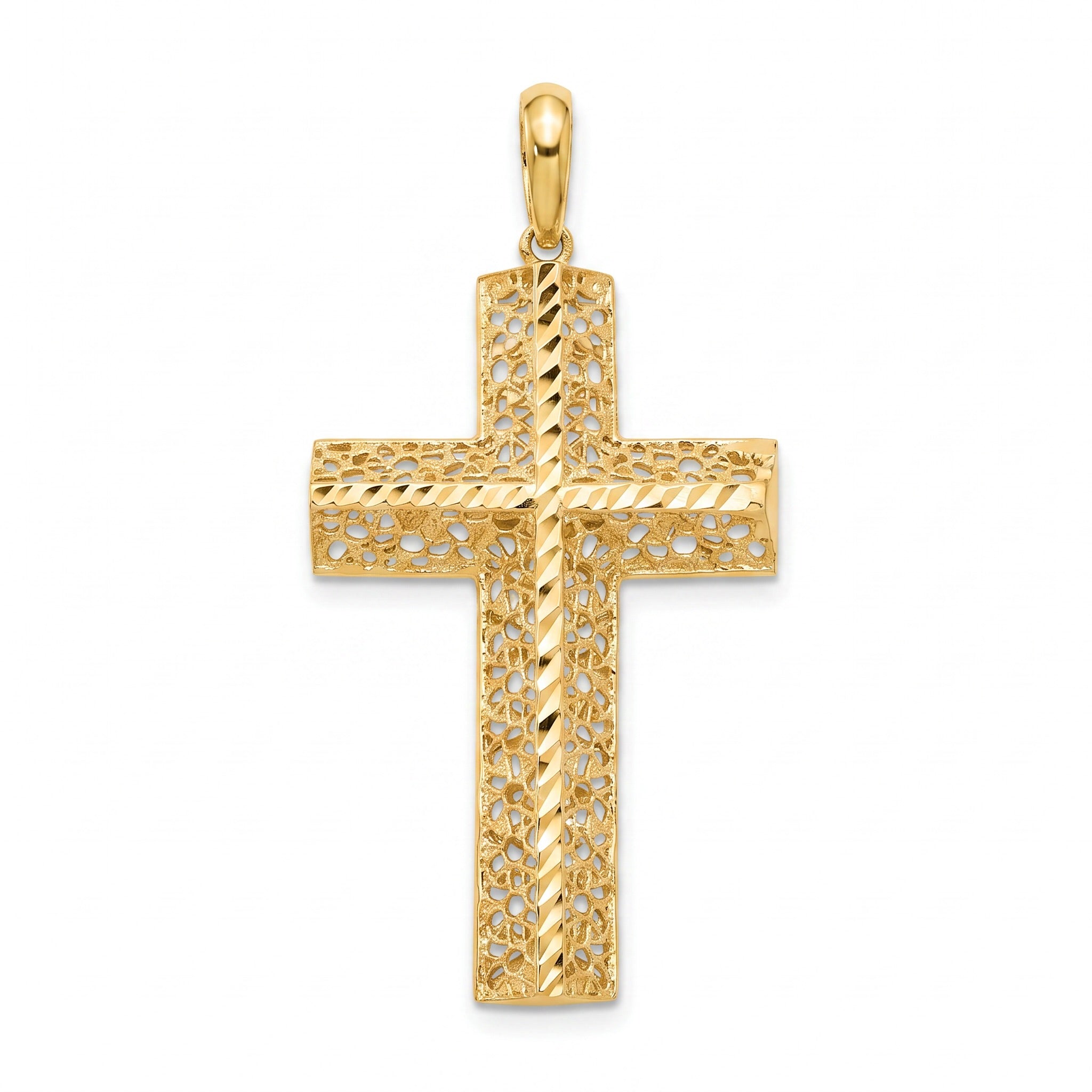 18K Yellow Gold Large Filigree Diamond-Cut Cross Pendant