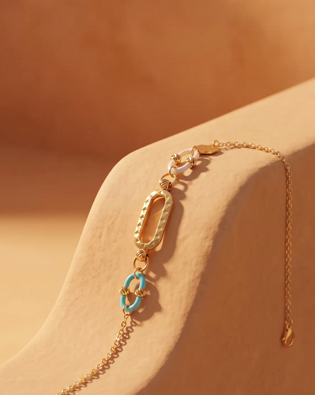 18K Yellow Gold Blue & White Enamel Chain Bracelet
