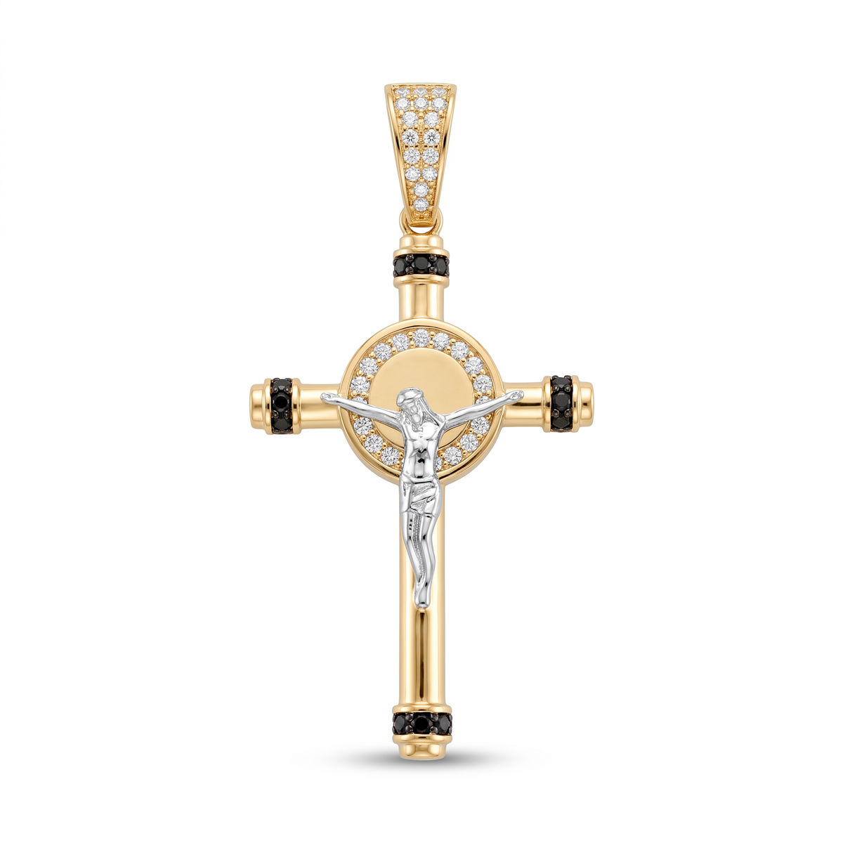 18K Two Tone With Black & White Cubic Zirconia Crucifix Pendant