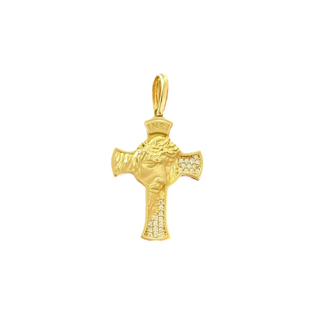 18K Gold Small CZ Jesus Face Cross Pendant
