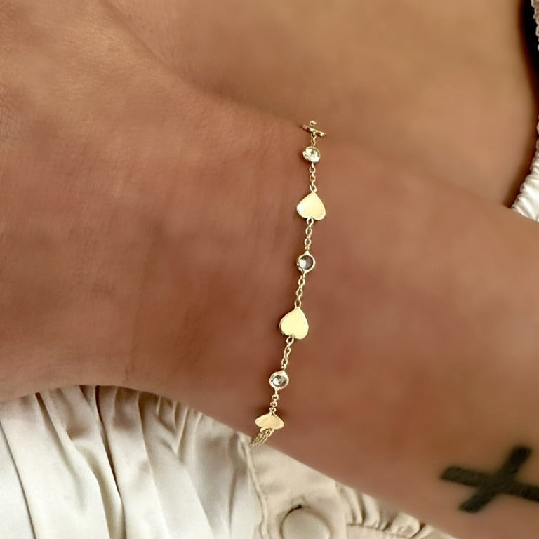 18K Gold CZ Heart Chain Bracelet