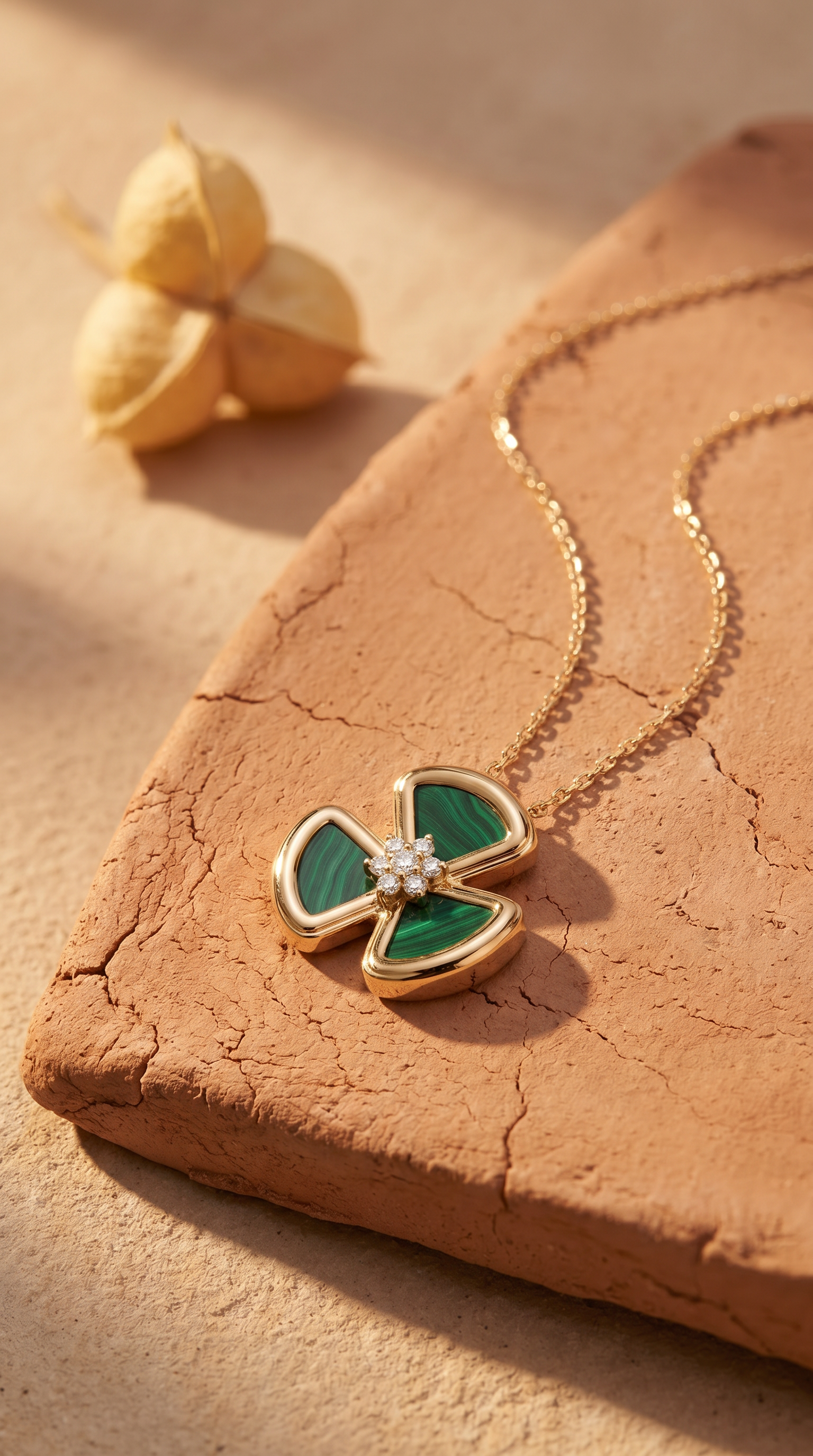 Diamond Yellow Gold Malachite Flower Necklace