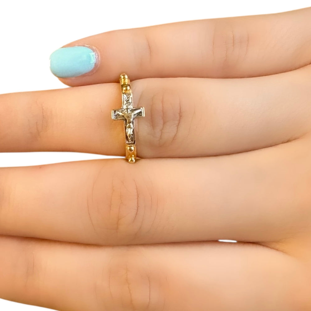18K Gold Two Tone Cross Ring Size 6