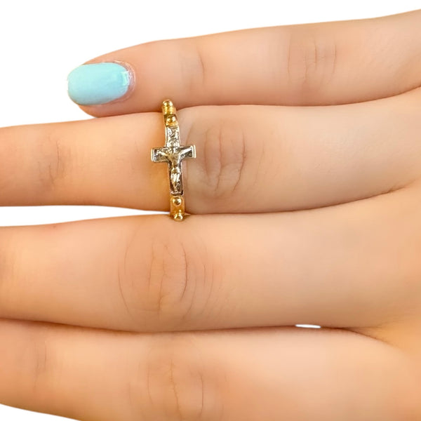 18K Gold Two Tone Cross Ring Size 6