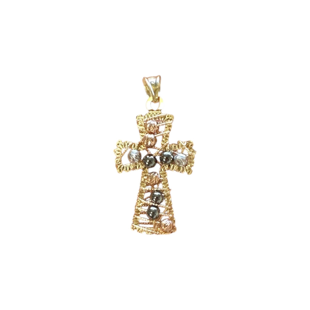 18K Multicolor Gold Small Wire Bead Cross Pendant