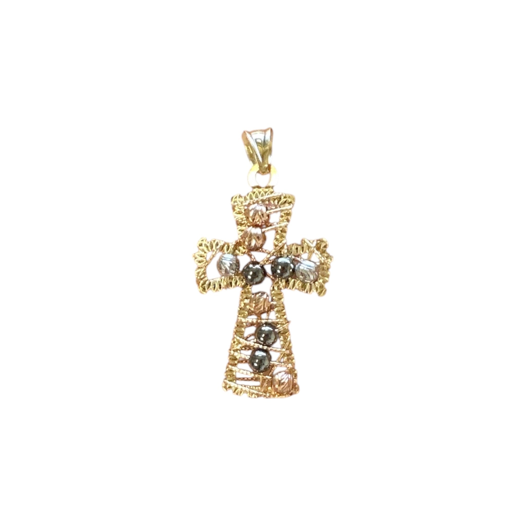 18K Multicolor Gold Small Wire Bead Cross Pendant