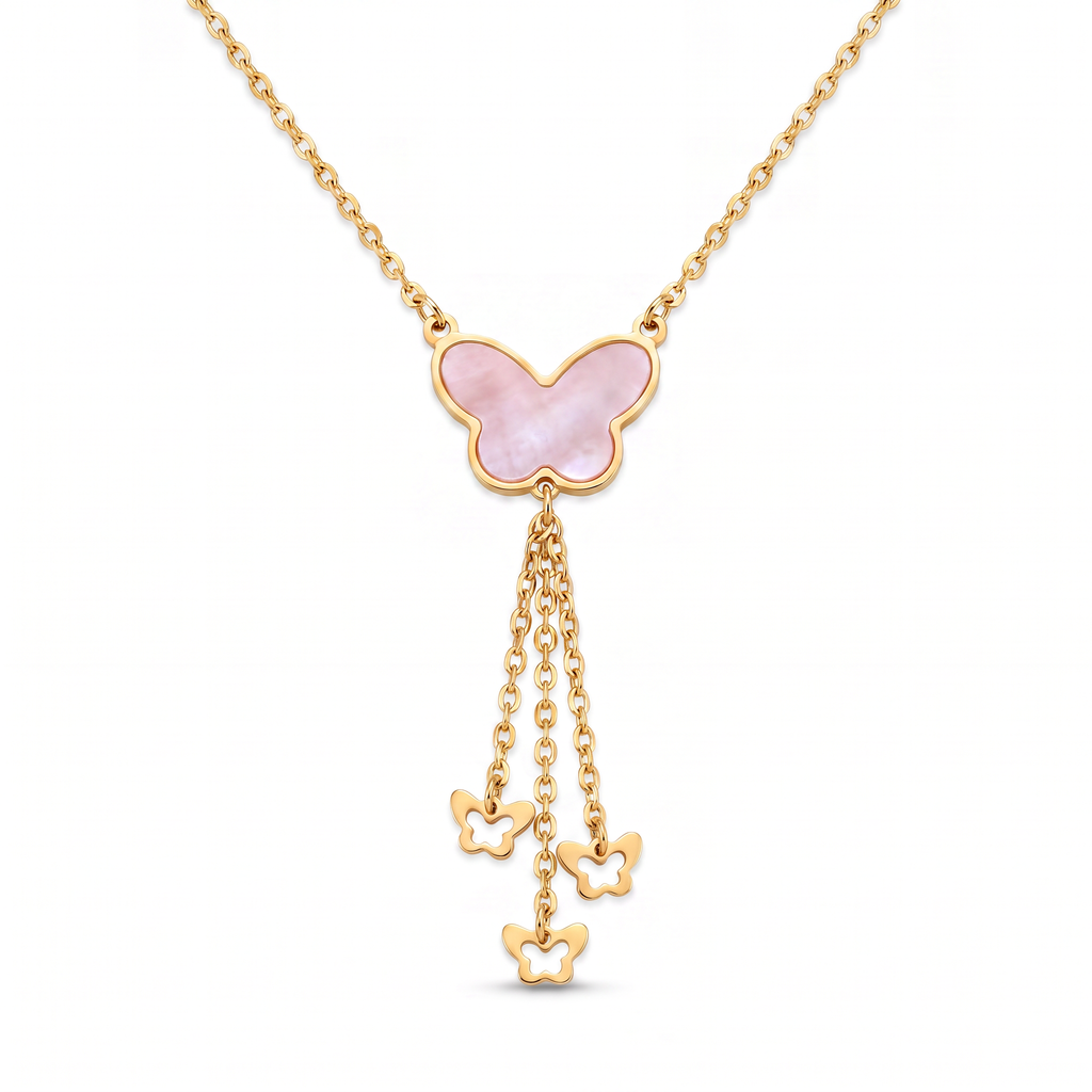 18K Yellow Gold Reversible Mother Of Pearl Butterfly Dangle Necklace