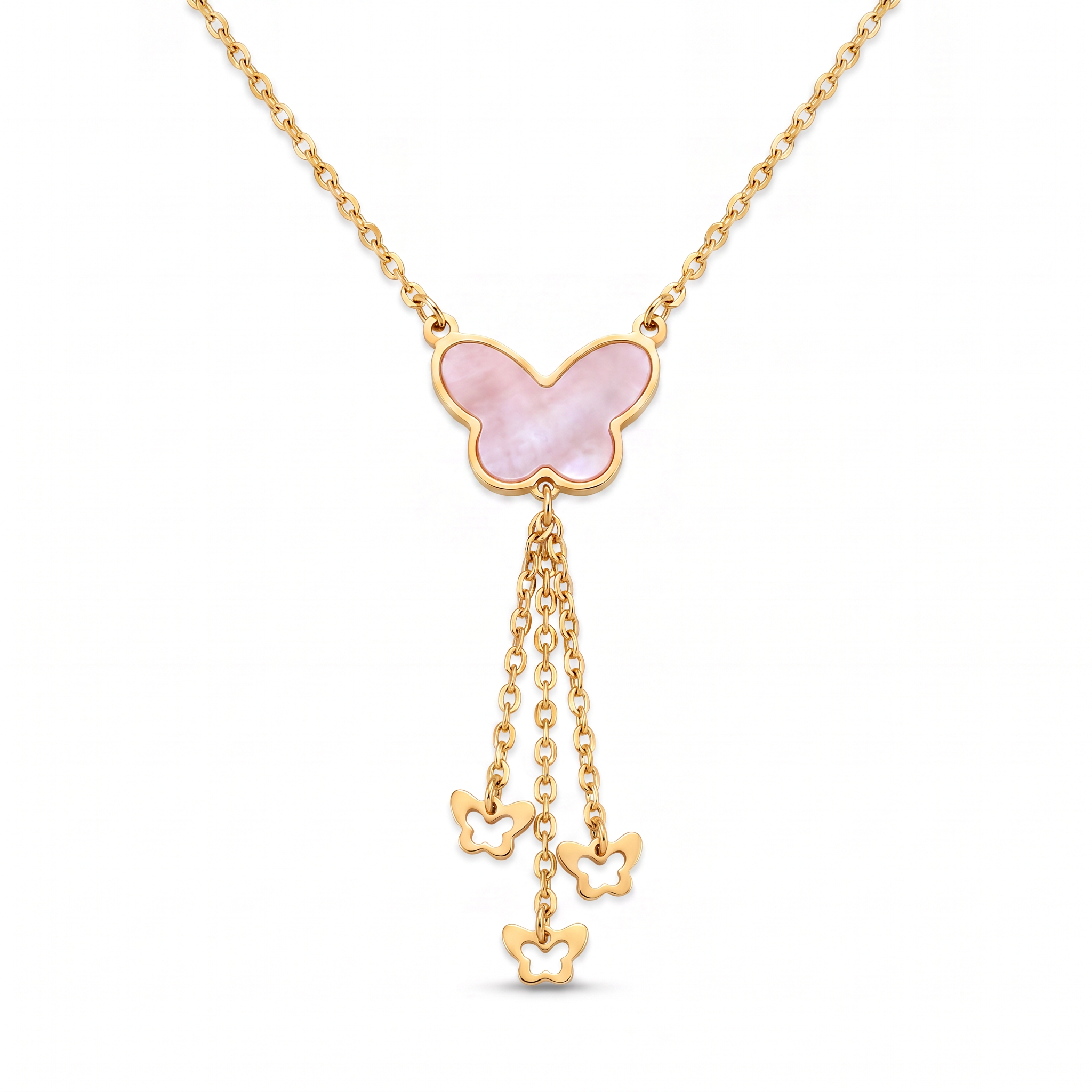 18K Yellow Gold Reversible Mother Of Pearl Butterfly Dangle Necklace