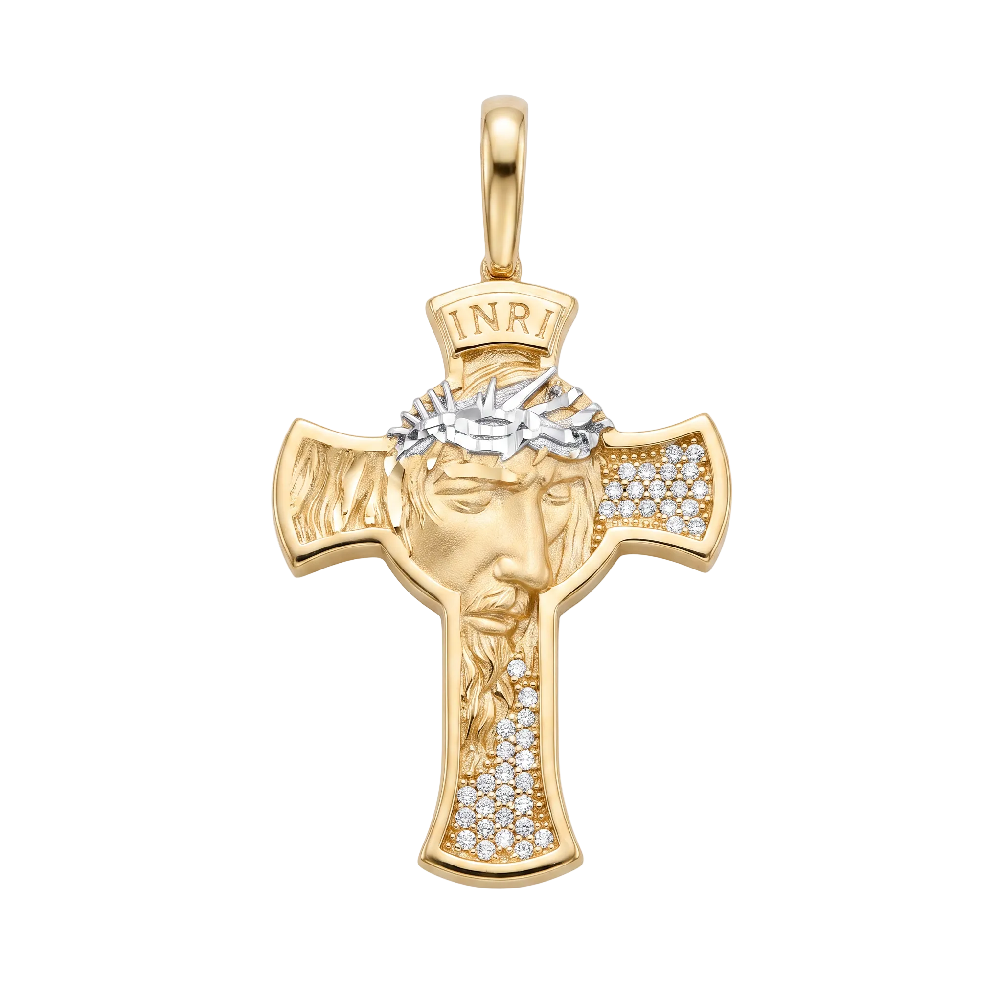 18K Two Tone Gold Medium Cubic Zirconia Jesus Face Cross Pendant
