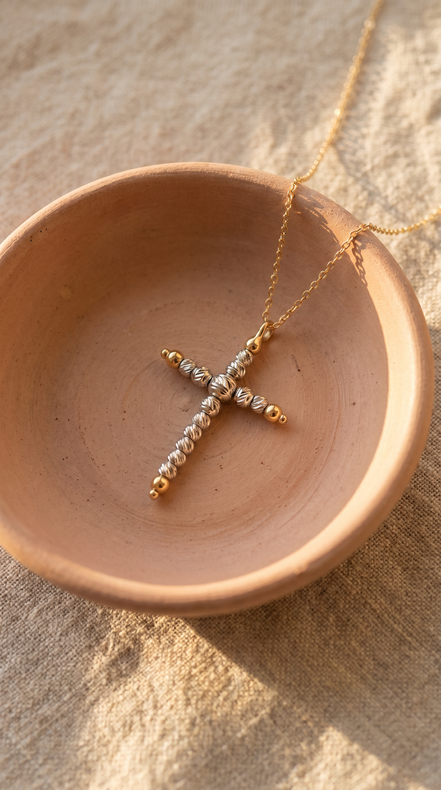 18K Two Tone Gold Beaded Cross Necklace