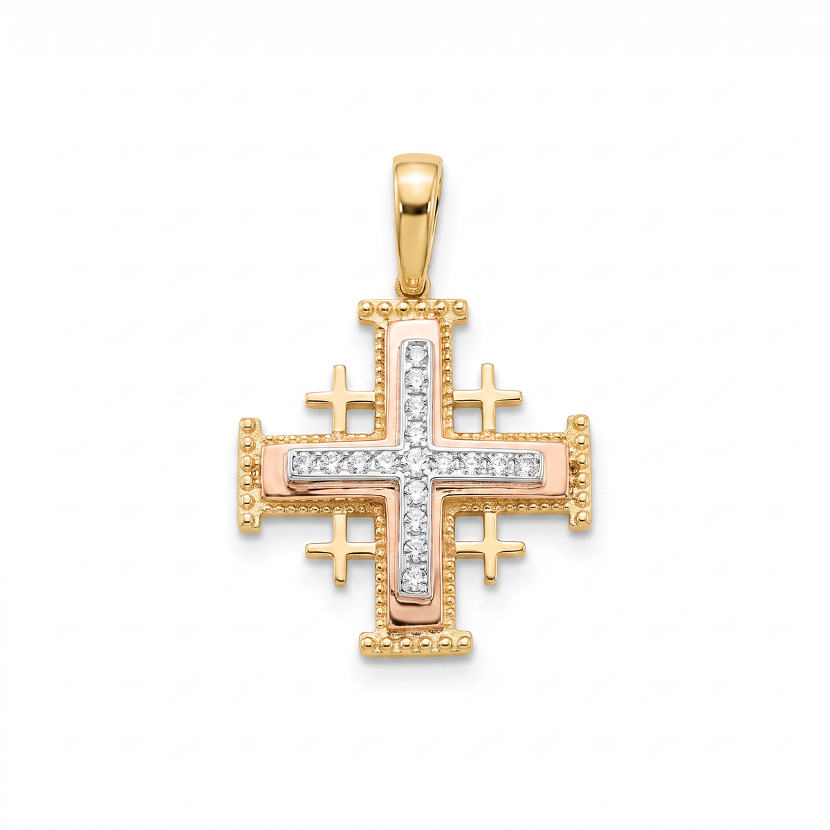 18K Multicolor Gold Cubic Zirconia Jerusalem Cross Pendant
