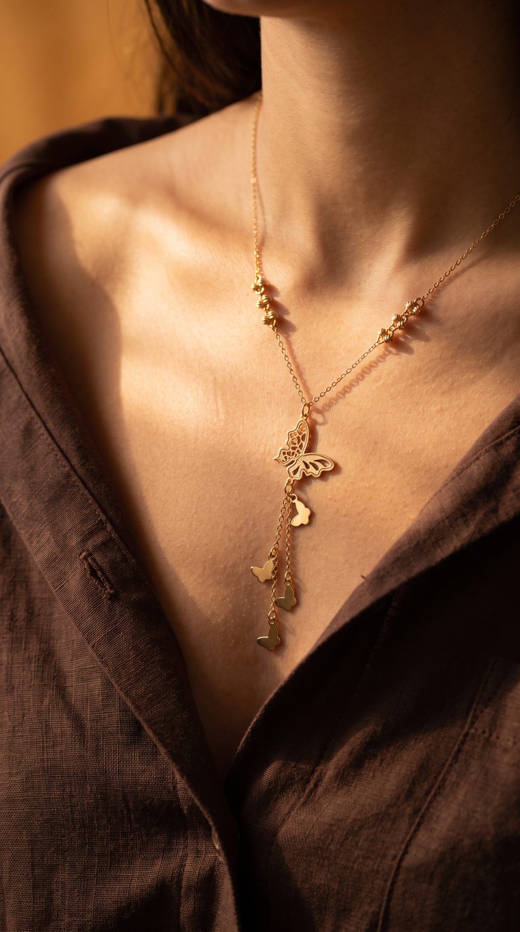 18K Yellow Gold Beaded Butterfly Dangle Chain Necklace