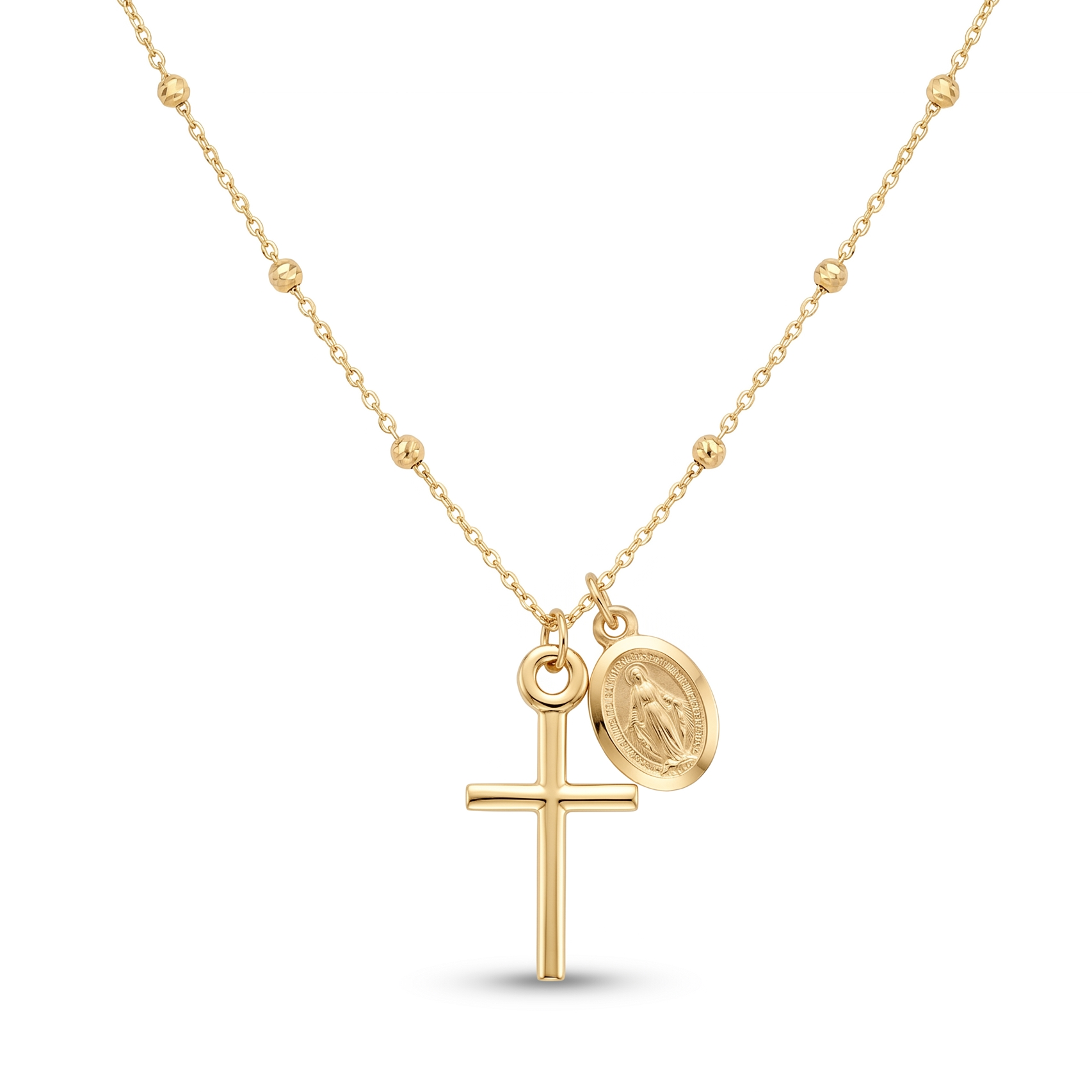 18K Yellow Gold Cross Miraculous Medal Beaded Necklace