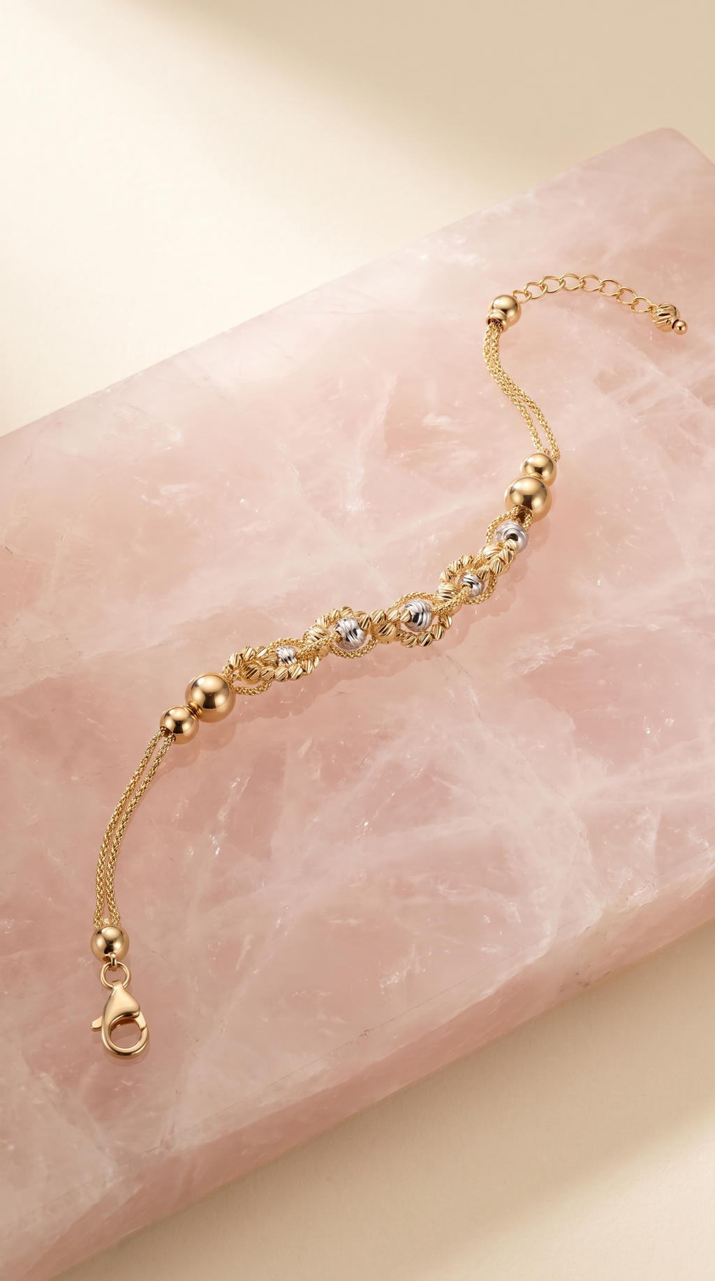 18K Two Tone Gold Double Chain Beaded Bracelet