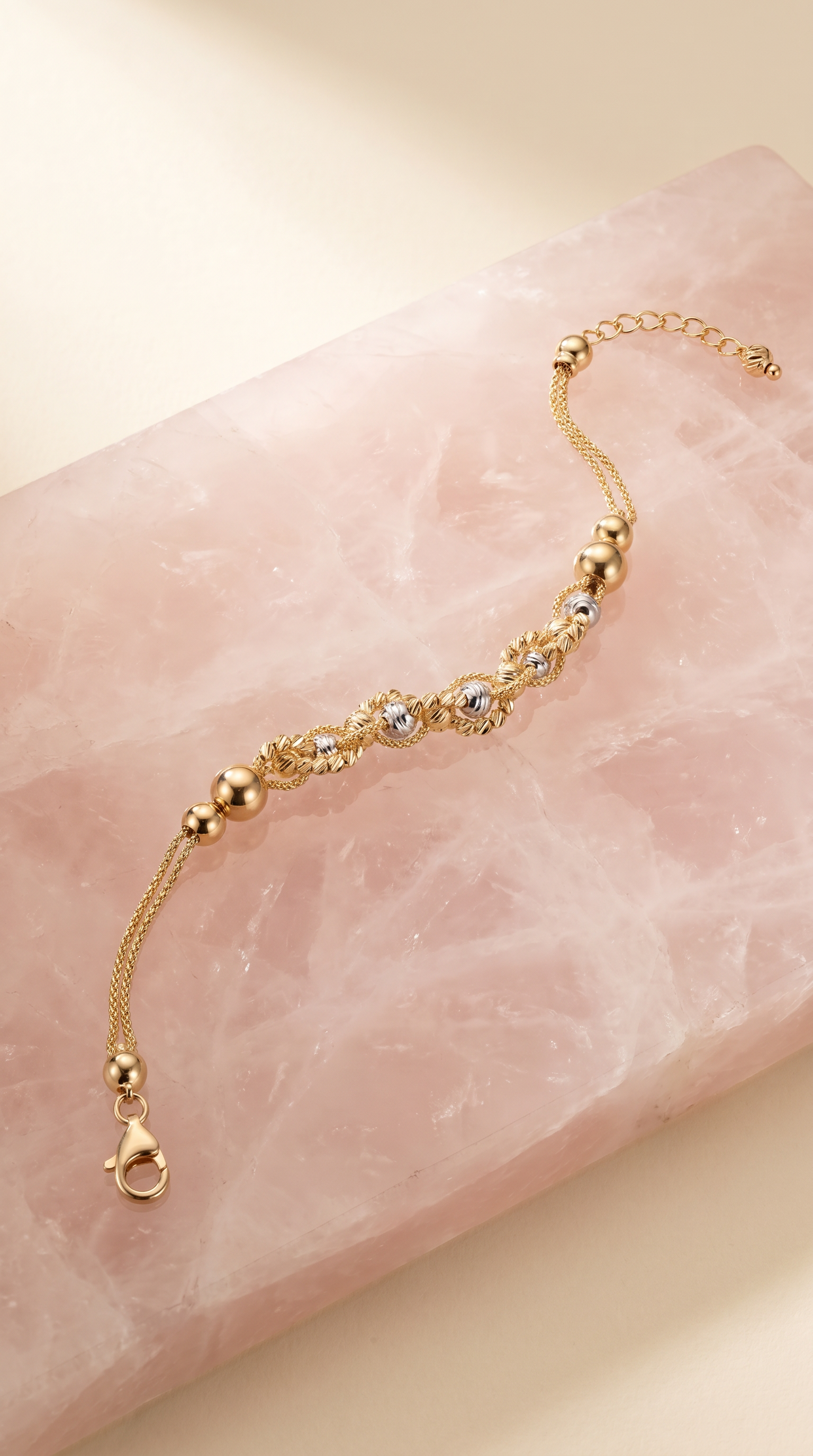 18K Two Tone Gold Double Chain Beaded Bracelet