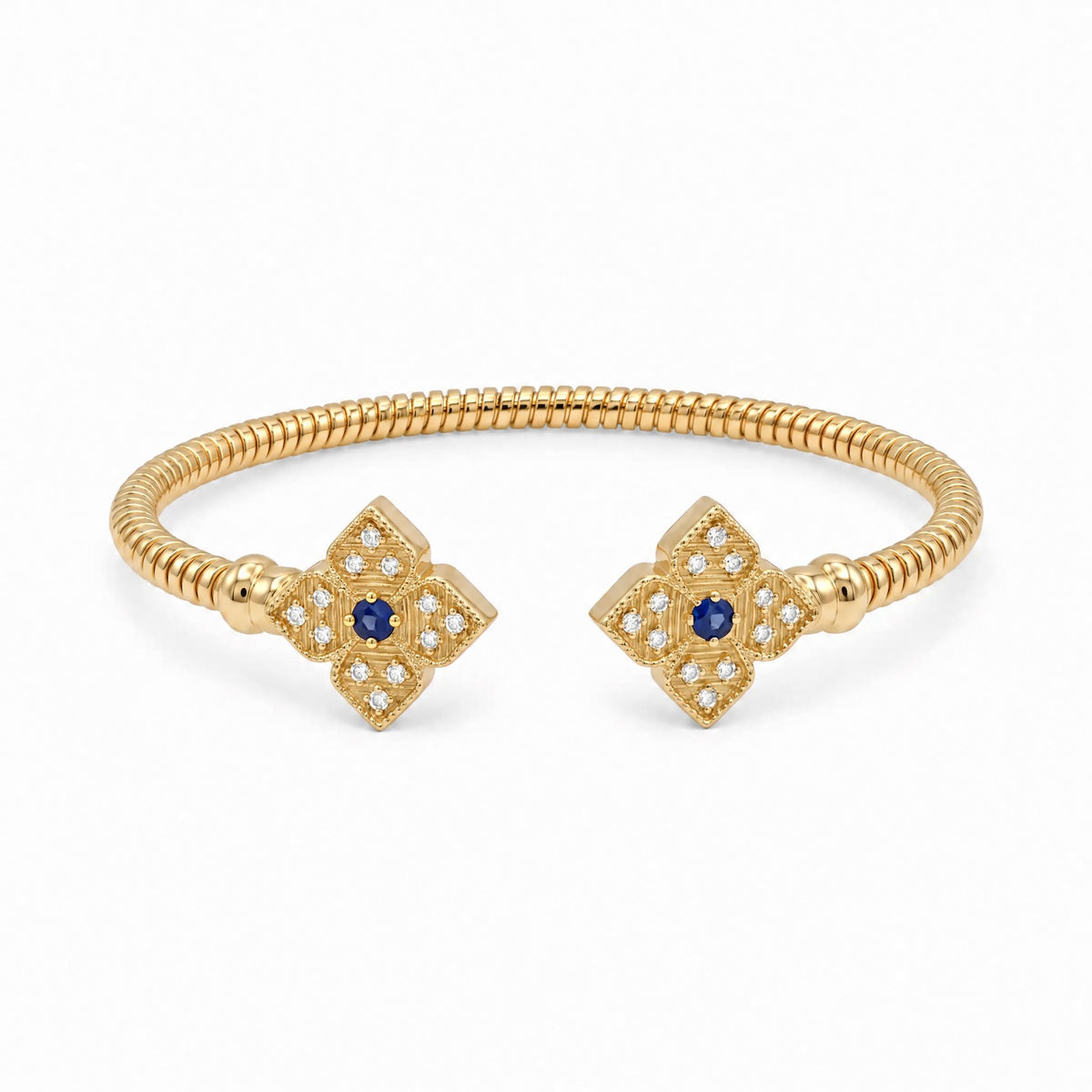 Diamond Yellow Gold Sapphire Double Flower Cuff Bracelet