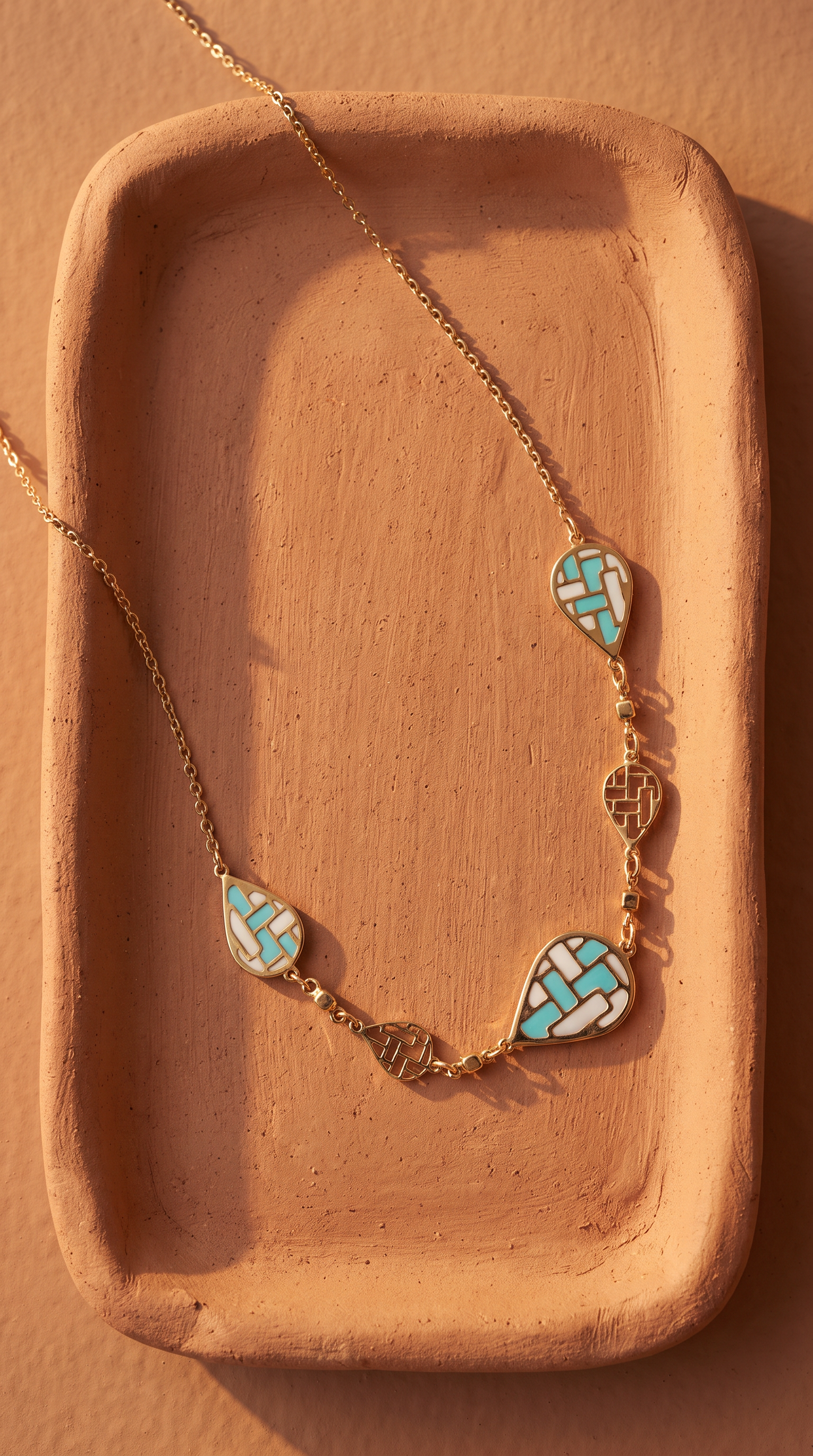 18K Yellow Gold White & Cyan Enamel Teardrop Chain Necklace