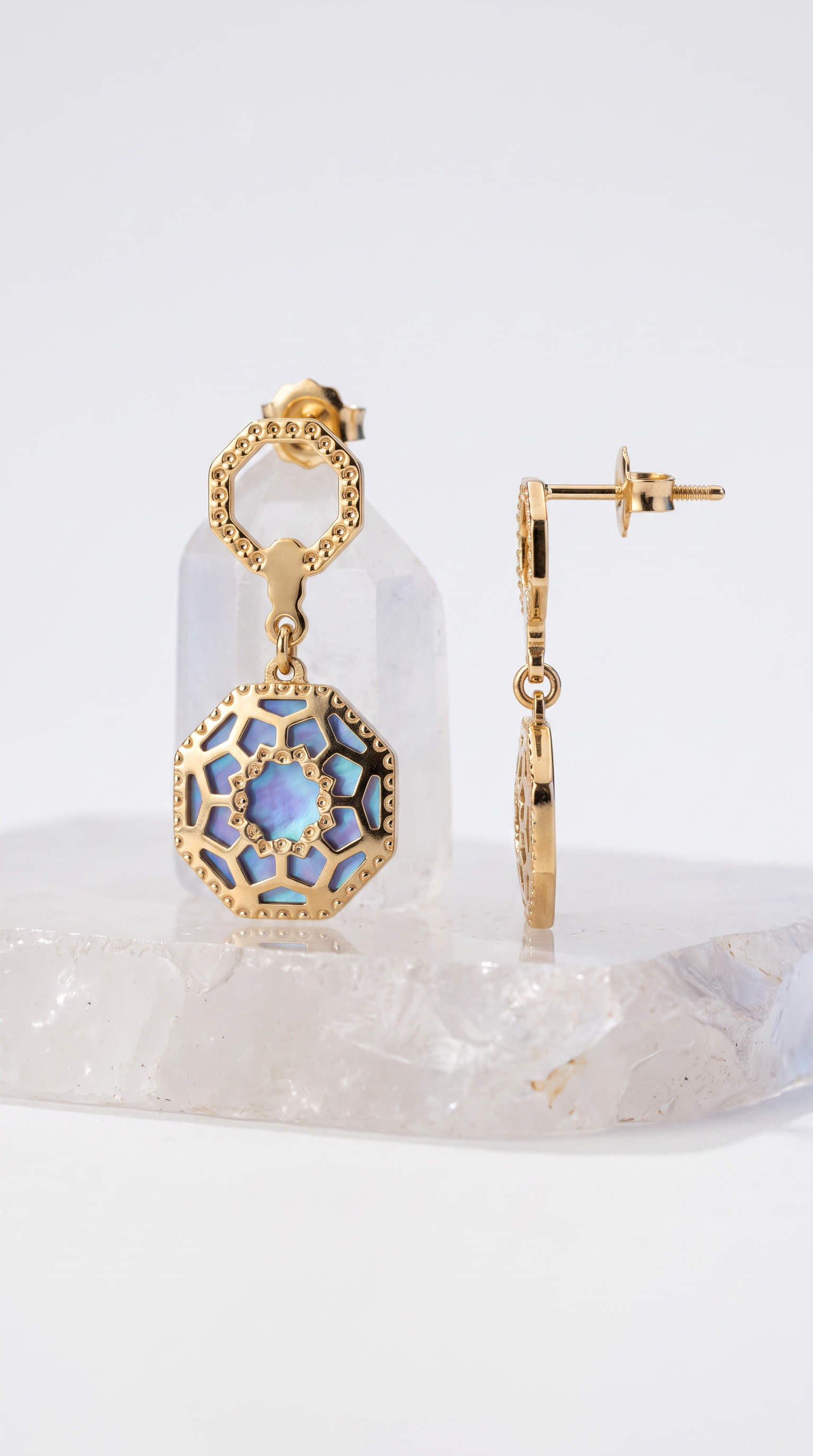 18K Yellow Gold Mother Of Pearl Octagon Drop Earring