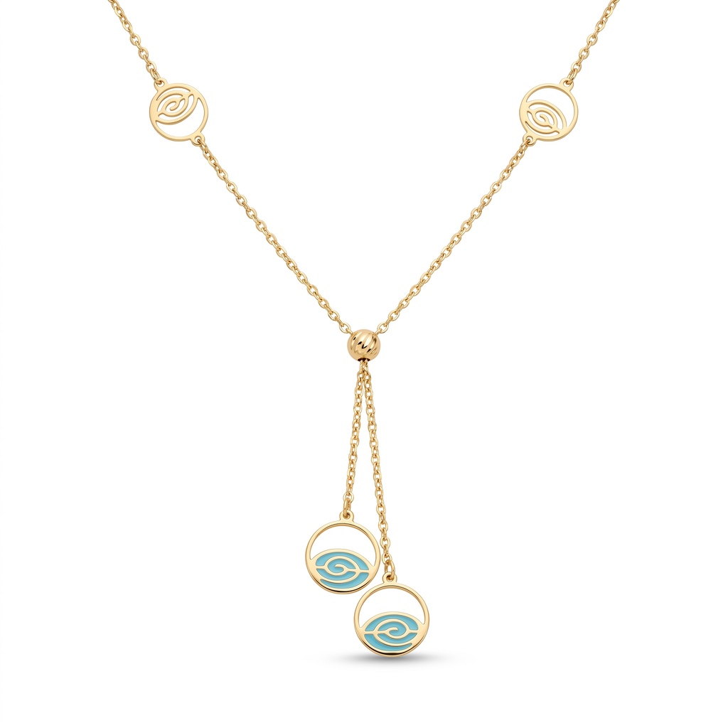 18K Yellow Gold Blue Enamel Dangle Chain Necklace
