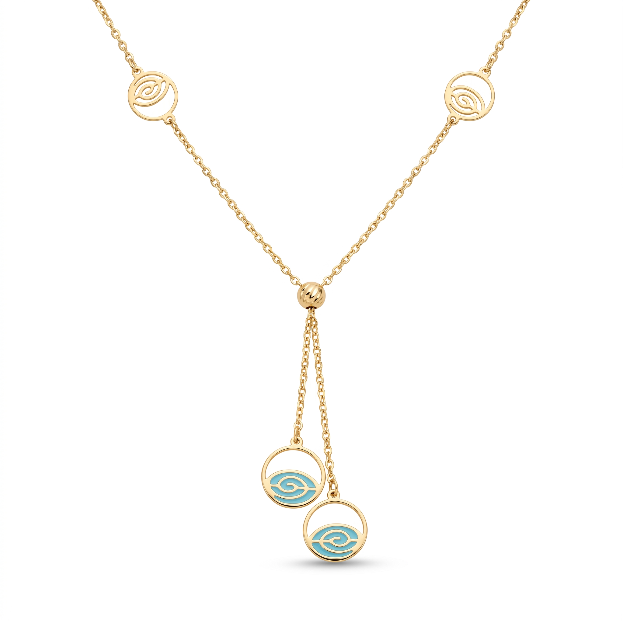 18K Yellow Gold Blue Enamel Dangle Chain Necklace