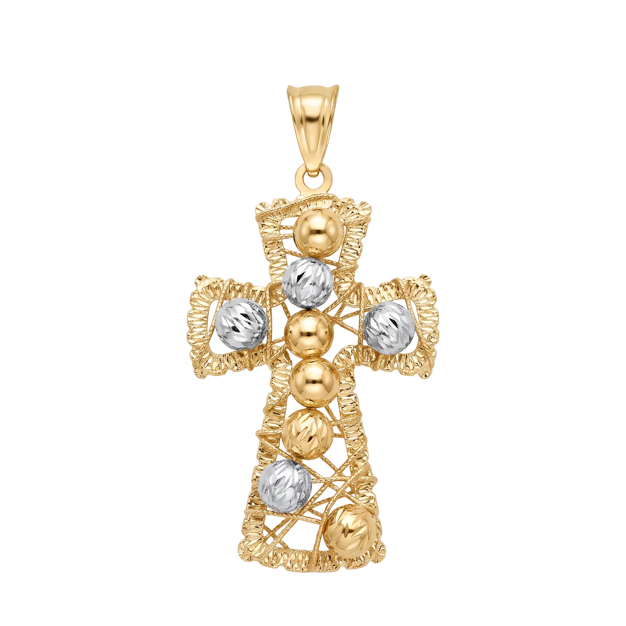 18K Two Tone Gold Large Wire Bead Cross Pendant