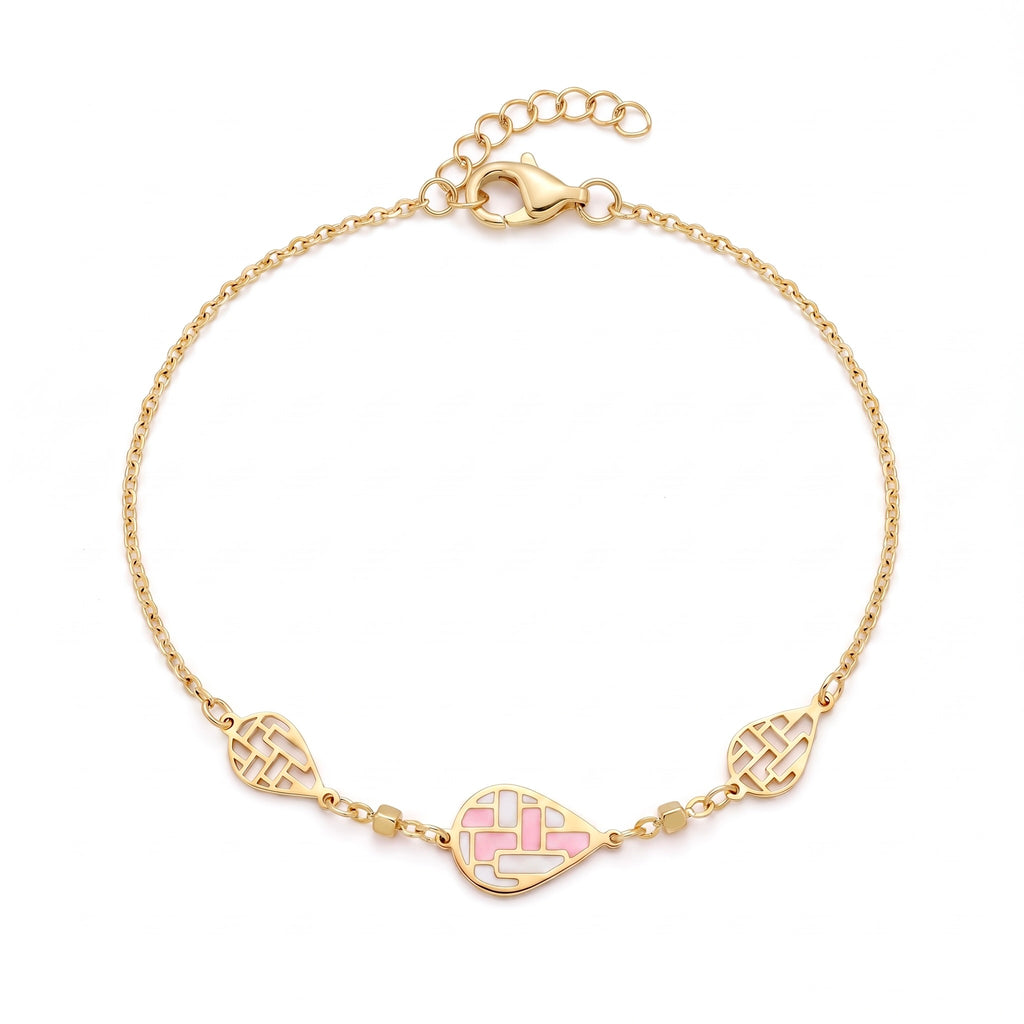 18K Yellow Gold Pink & White Enamel Teardrop Chain Bracelet