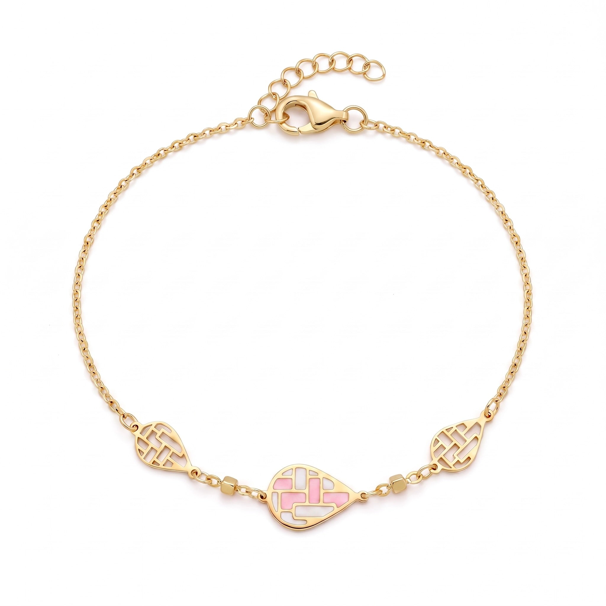 18K Yellow Gold Pink & White Enamel Teardrop Chain Bracelet
