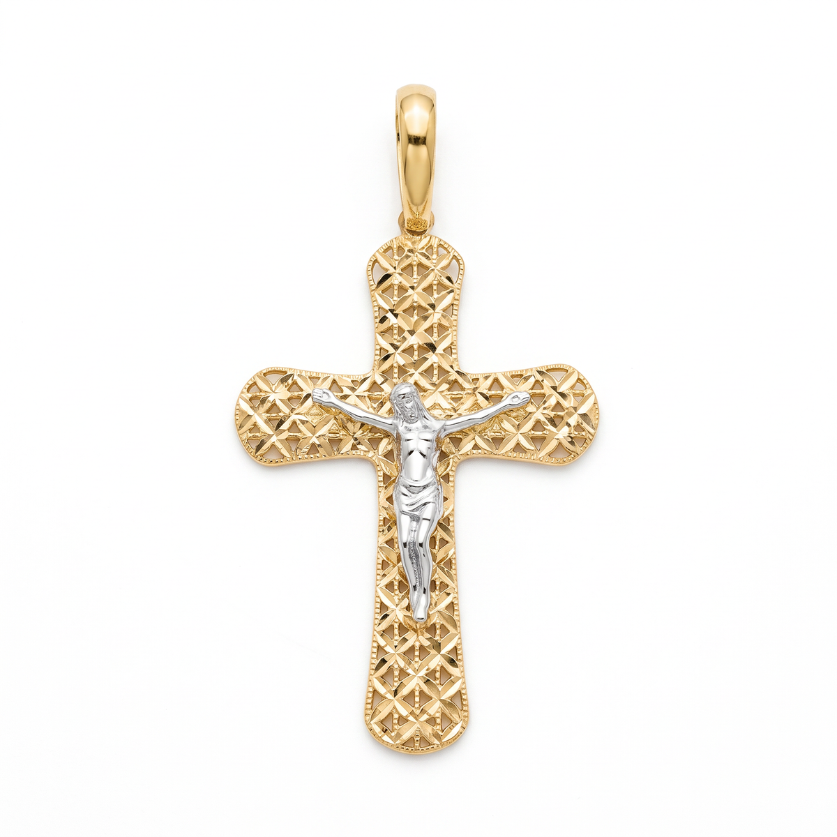 18K Two Tone Gold Large Filigree Crucifix Pendant